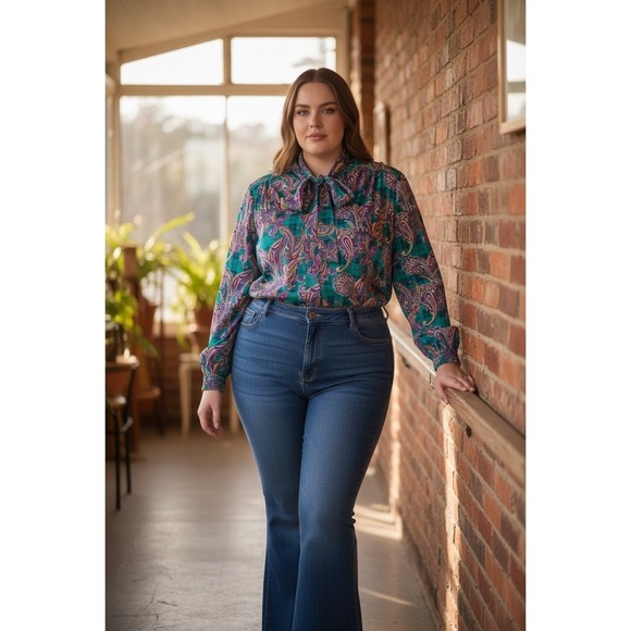Alfred Dunner Tops - Alfred Dunner Teal Paisley Plaid Tie Neck Blouse Smocked Hem Plus Size 22W